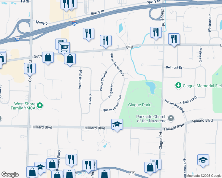 map of restaurants, bars, coffee shops, grocery stores, and more near Kingsway in Westlake