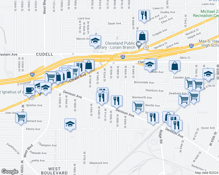 map of restaurants, bars, coffee shops, grocery stores, and more near 3196 West 90th Street in Cleveland