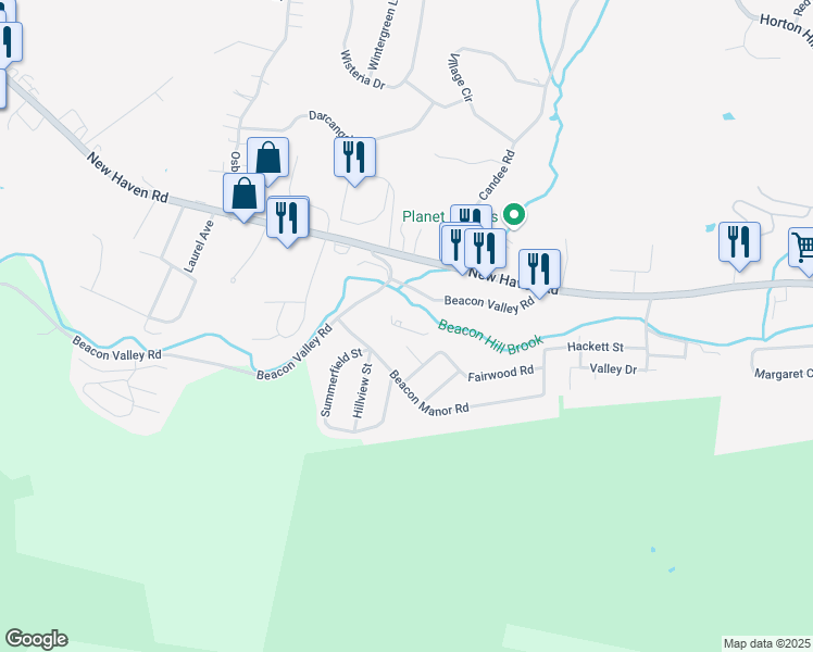 map of restaurants, bars, coffee shops, grocery stores, and more near 695 Beacon Valley Road in Naugatuck