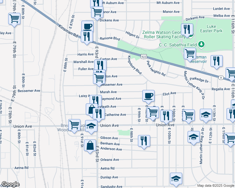 map of restaurants, bars, coffee shops, grocery stores, and more near 9624 Bessemer Avenue in Cleveland