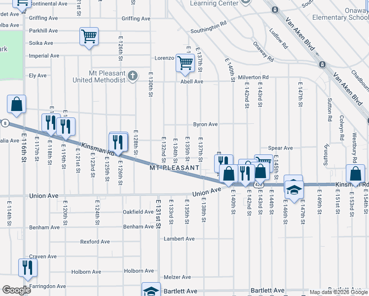 map of restaurants, bars, coffee shops, grocery stores, and more near 3363 East 134th Street in Cleveland