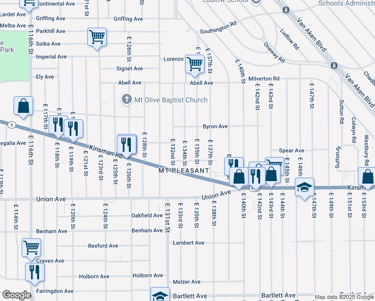 map of restaurants, bars, coffee shops, grocery stores, and more near 3391 East 134th Street in Cleveland