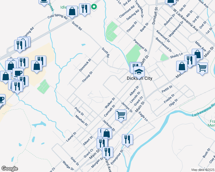 map of restaurants, bars, coffee shops, grocery stores, and more near 311 Jermyn Street in Dickson City