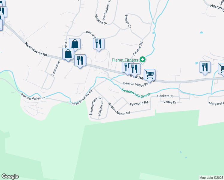 map of restaurants, bars, coffee shops, grocery stores, and more near 753 Beacon Valley Road in Naugatuck