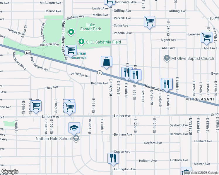 map of restaurants, bars, coffee shops, grocery stores, and more near 3350 East 116th Street in Cleveland
