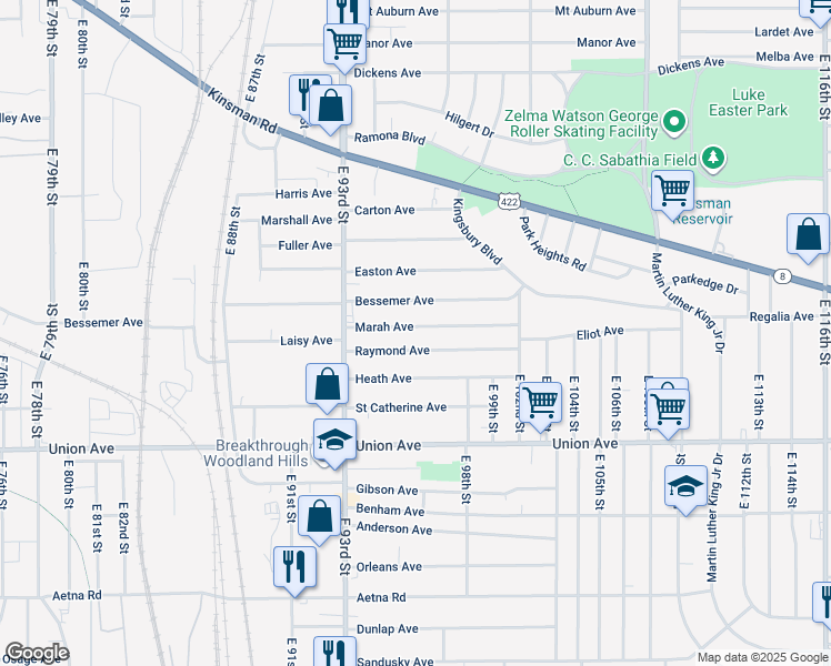 map of restaurants, bars, coffee shops, grocery stores, and more near 9624 Bessemer Avenue in Cleveland