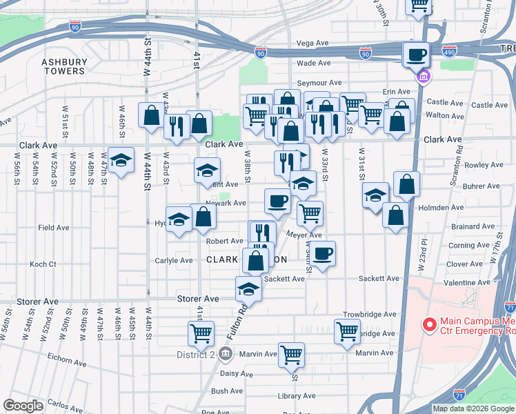 map of restaurants, bars, coffee shops, grocery stores, and more near 3615 Trent Avenue in Cleveland
