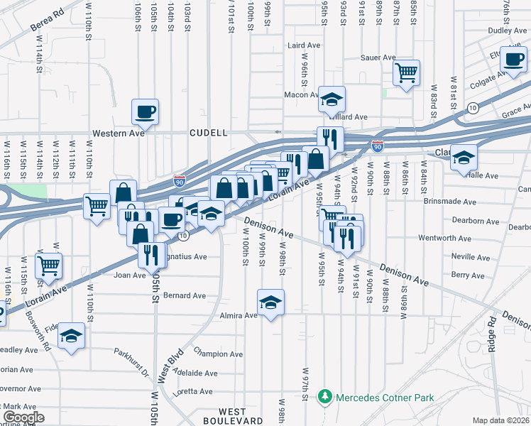 map of restaurants, bars, coffee shops, grocery stores, and more near 9815 Lorain Avenue in Cleveland
