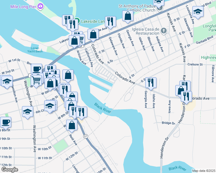 map of restaurants, bars, coffee shops, grocery stores, and more near 375 California Avenue in Lorain