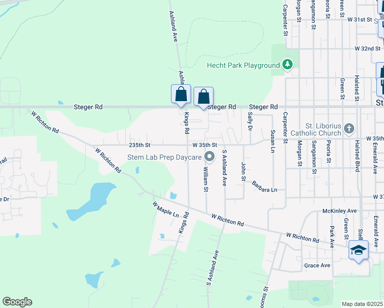 map of restaurants, bars, coffee shops, grocery stores, and more near 3505 South Kings Road in Steger