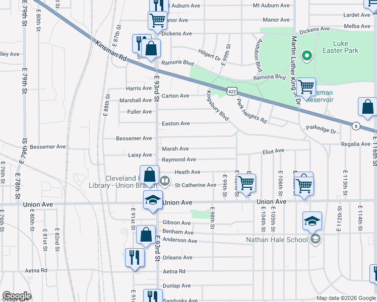 map of restaurants, bars, coffee shops, grocery stores, and more near 9502 Bessemer Avenue in Cleveland