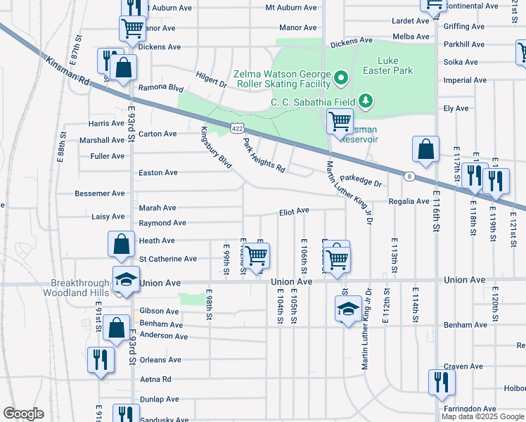 map of restaurants, bars, coffee shops, grocery stores, and more near 10227 Eliot Avenue in Cleveland