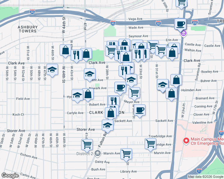 map of restaurants, bars, coffee shops, grocery stores, and more near 3615 Trent Avenue in Cleveland