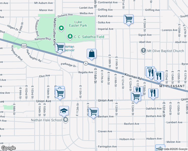 map of restaurants, bars, coffee shops, grocery stores, and more near 3350 East 116th Street in Cleveland