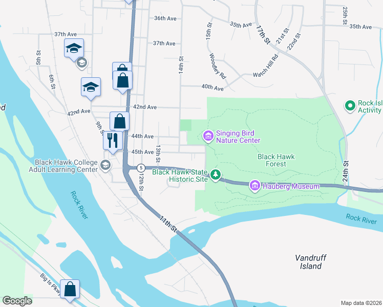 map of restaurants, bars, coffee shops, grocery stores, and more near 1432 15th Street in Rock Island