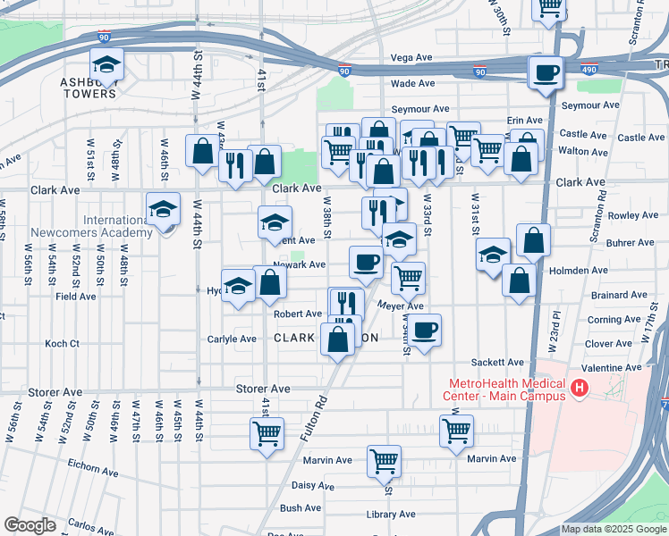 map of restaurants, bars, coffee shops, grocery stores, and more near 3733 Newark Avenue in Cleveland