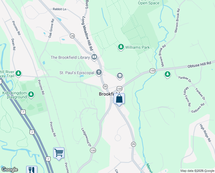 map of restaurants, bars, coffee shops, grocery stores, and more near 4 School Street in Brookfield