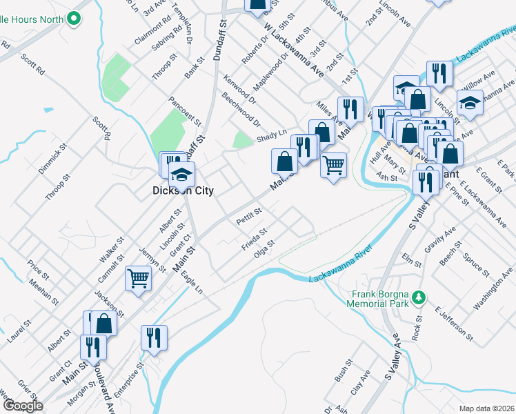 map of restaurants, bars, coffee shops, grocery stores, and more near 1234 North Main Street in Dickson City