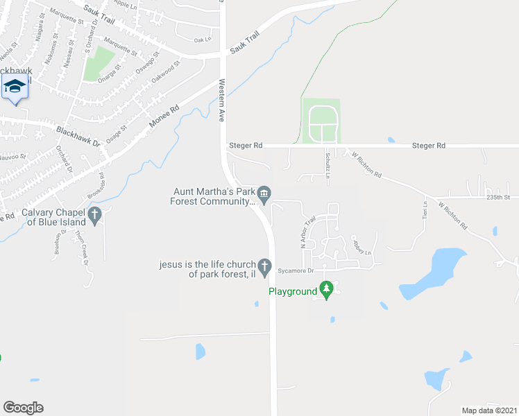 map of restaurants, bars, coffee shops, grocery stores, and more near 23455 South Western Avenue in Park Forest