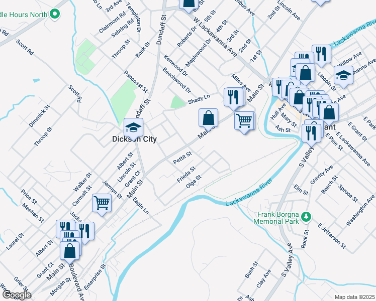map of restaurants, bars, coffee shops, grocery stores, and more near 1314 Main Street in Dickson City