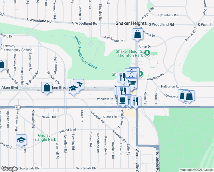 map of restaurants, bars, coffee shops, grocery stores, and more near 19901 Van Aken Boulevard in Shaker Heights