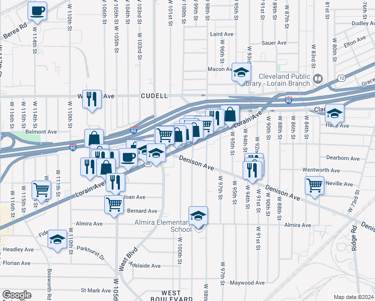 map of restaurants, bars, coffee shops, grocery stores, and more near 3141 West 100th Street in Cleveland