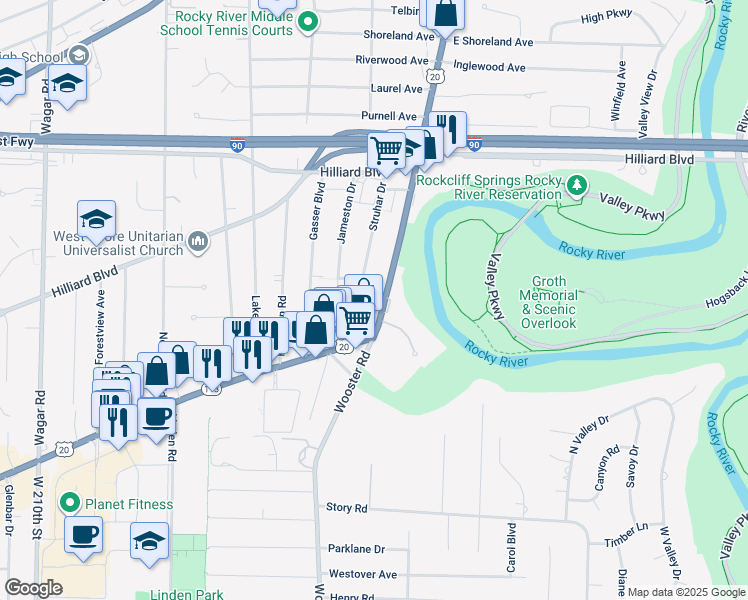 map of restaurants, bars, coffee shops, grocery stores, and more near 2691 Struhar Drive in Rocky River