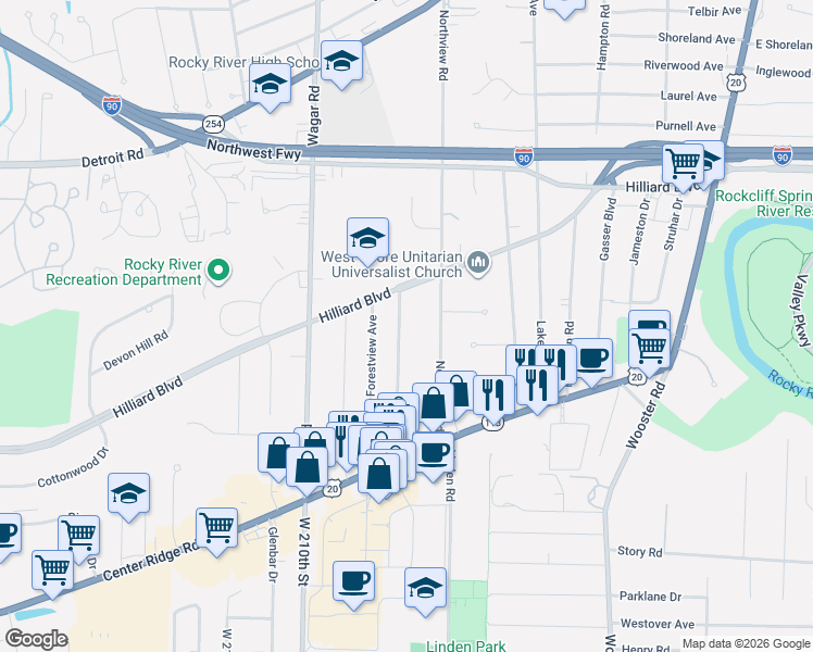 map of restaurants, bars, coffee shops, grocery stores, and more near 20685 Hilliard Boulevard in Rocky River
