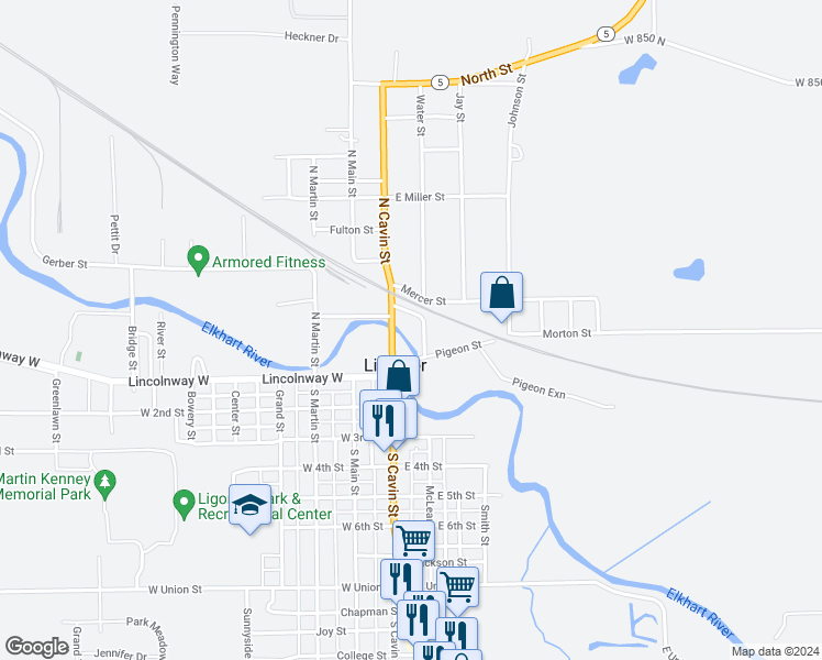 map of restaurants, bars, coffee shops, grocery stores, and more near in Ligonier