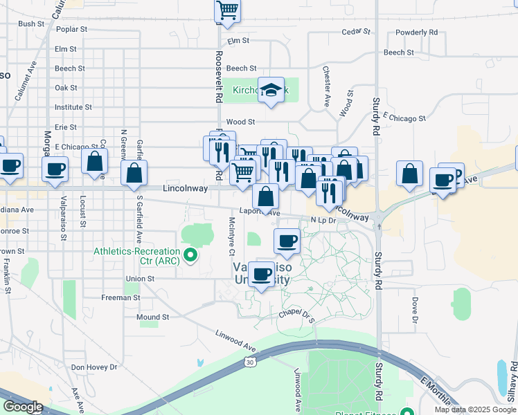 map of restaurants, bars, coffee shops, grocery stores, and more near 1410 Lincolnway in Valparaiso