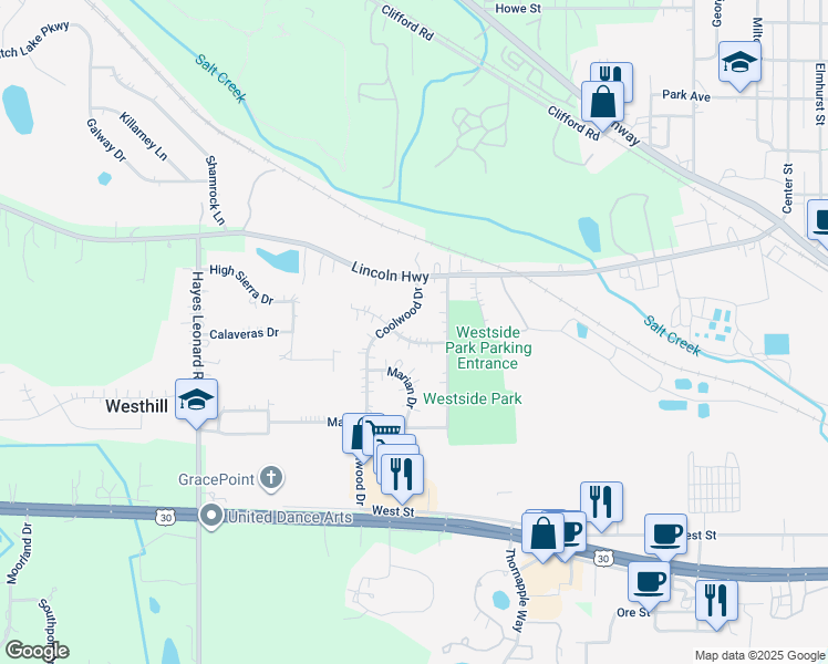 map of restaurants, bars, coffee shops, grocery stores, and more near 54 Coolwood Drive in Valparaiso