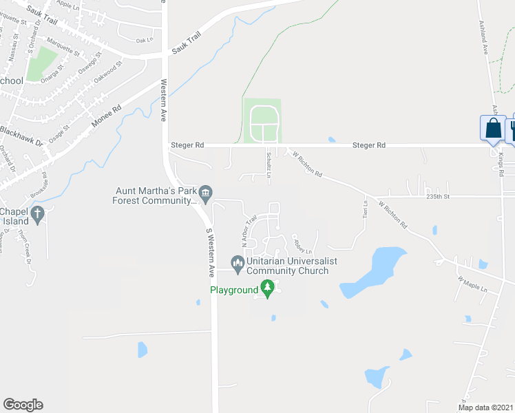 map of restaurants, bars, coffee shops, grocery stores, and more near 23162 Brookview Drive in Steger
