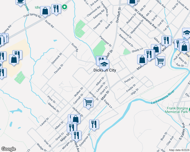 map of restaurants, bars, coffee shops, grocery stores, and more near 1176 Breaker Street in Dickson City