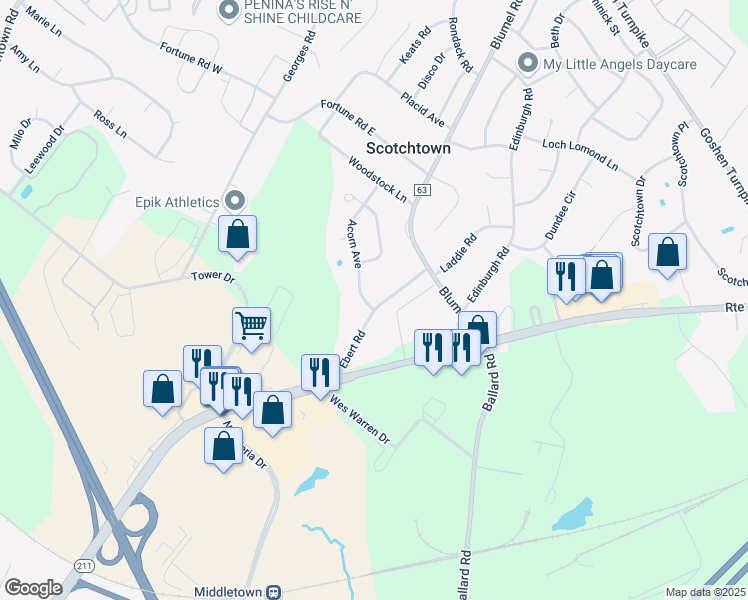 map of restaurants, bars, coffee shops, grocery stores, and more near 51 Ebert Road in Middletown