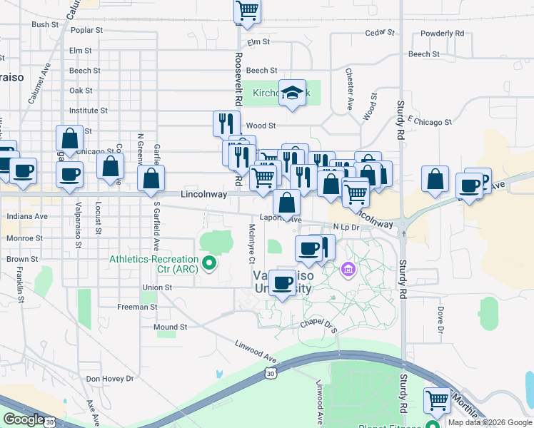 map of restaurants, bars, coffee shops, grocery stores, and more near 1305 Laporte Avenue in Valparaiso