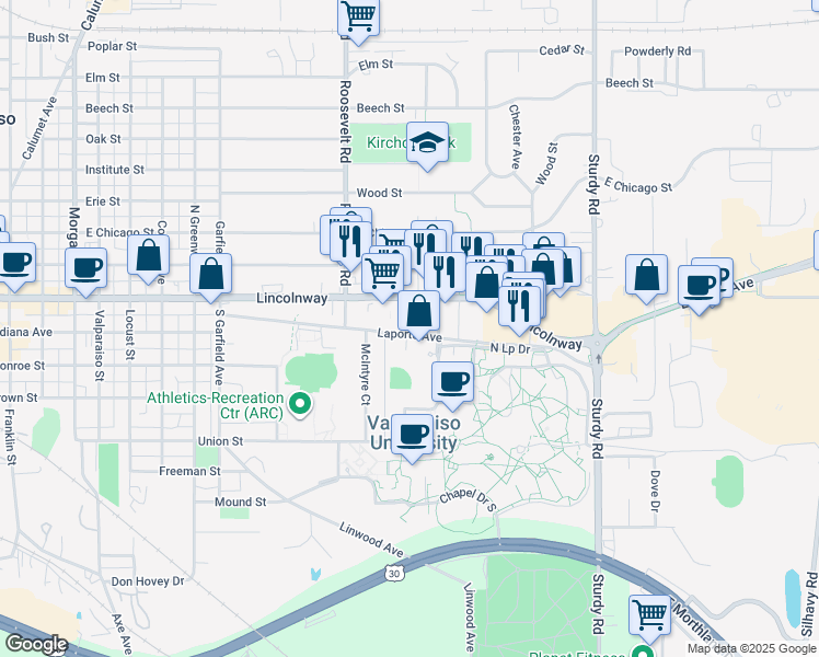 map of restaurants, bars, coffee shops, grocery stores, and more near 1410 Lincolnway in Valparaiso