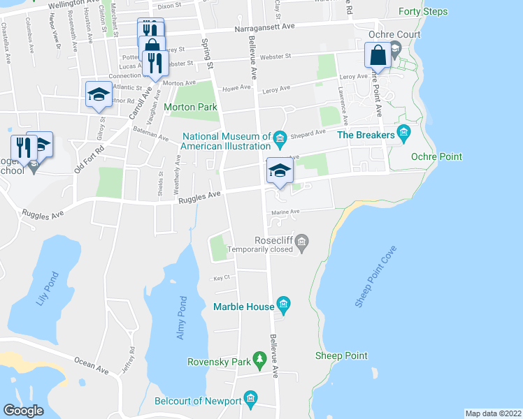 map of restaurants, bars, coffee shops, grocery stores, and more near 541 Bellevue Avenue in Newport