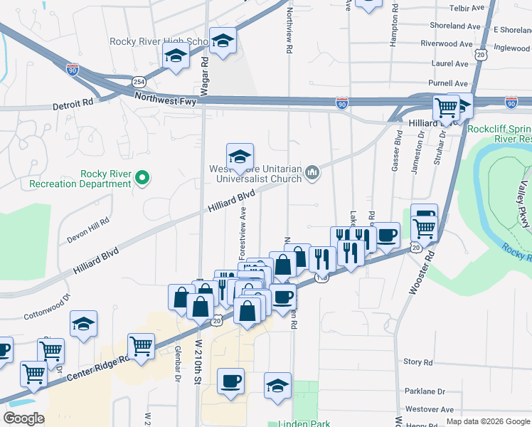 map of restaurants, bars, coffee shops, grocery stores, and more near 20685 Hilliard Boulevard in Rocky River