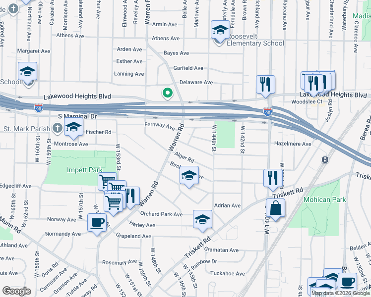 map of restaurants, bars, coffee shops, grocery stores, and more near 3101 West 146th Street in Cleveland