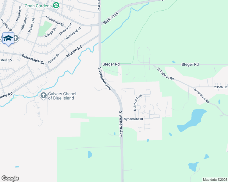 map of restaurants, bars, coffee shops, grocery stores, and more near 23453 South Western Avenue in Park Forest