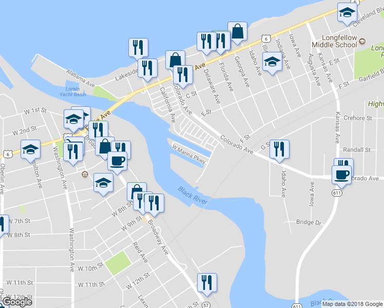 map of restaurants, bars, coffee shops, grocery stores, and more near 273 West Marina Parkway in Lorain