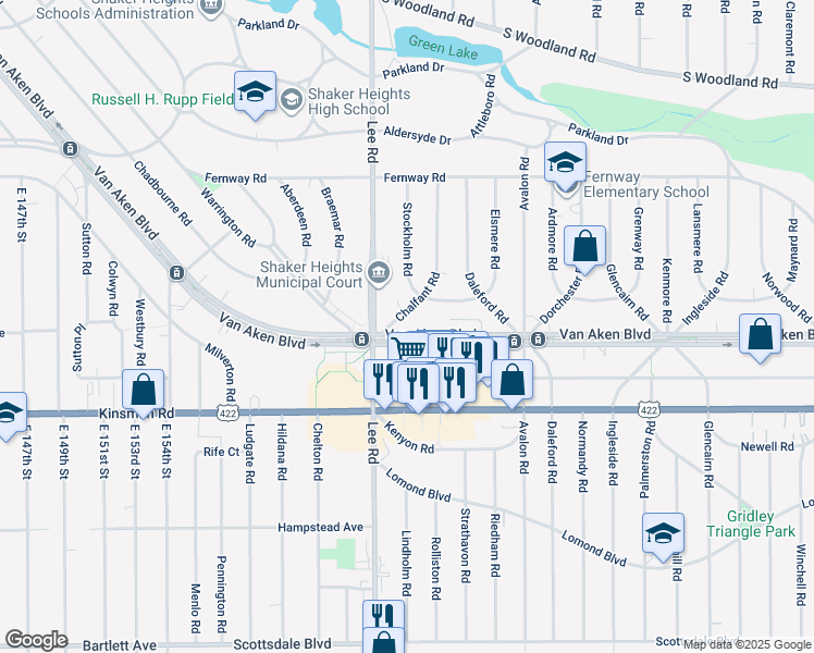 map of restaurants, bars, coffee shops, grocery stores, and more near 16705 Van Aken Boulevard in Shaker Heights