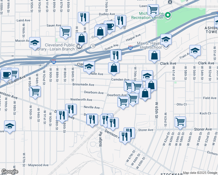 map of restaurants, bars, coffee shops, grocery stores, and more near West 73rd Street & Brinsmade Avenue in Cleveland