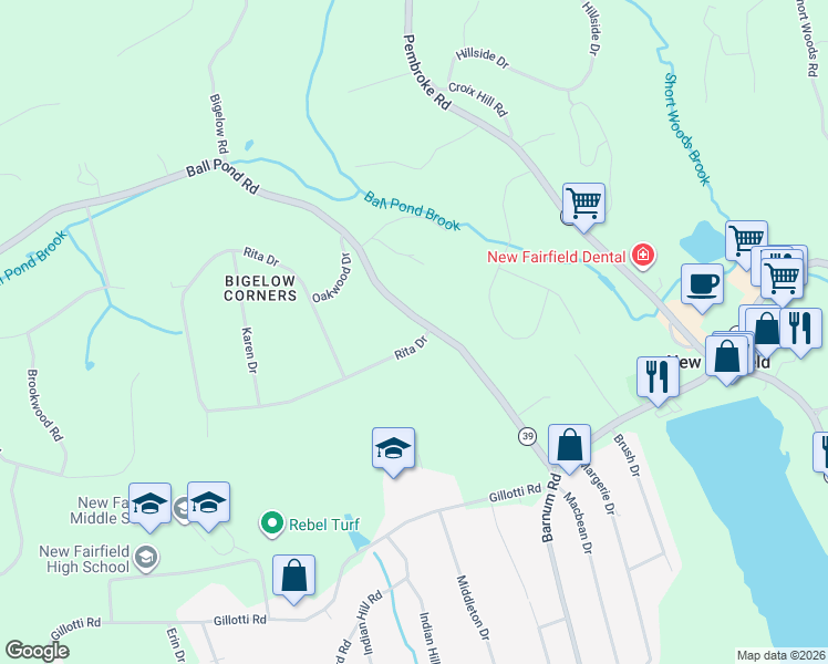 map of restaurants, bars, coffee shops, grocery stores, and more near 237 Ball Pond Road in New Fairfield