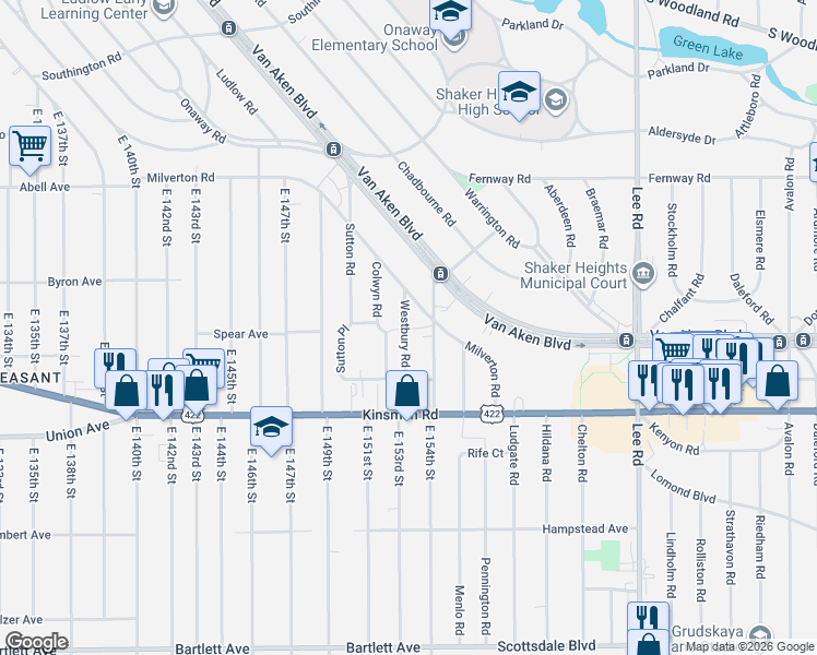 map of restaurants, bars, coffee shops, grocery stores, and more near 3386 Westbury Road in Shaker Heights