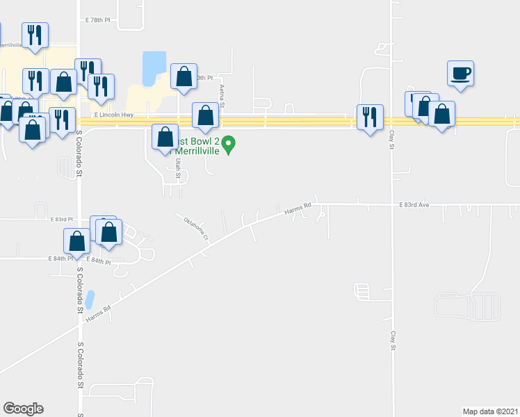 map of restaurants, bars, coffee shops, grocery stores, and more near 4148 Harms Road in Merrillville