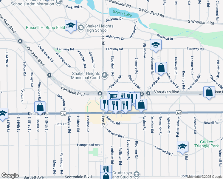 map of restaurants, bars, coffee shops, grocery stores, and more near 16705 Van Aken Boulevard in Shaker Heights