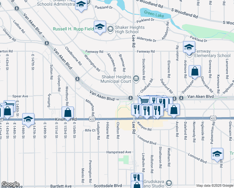 map of restaurants, bars, coffee shops, grocery stores, and more near 3382 Clayton Boulevard in Shaker Heights