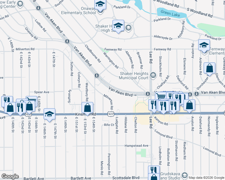 map of restaurants, bars, coffee shops, grocery stores, and more near 15825 Van Aken Boulevard in Shaker Heights