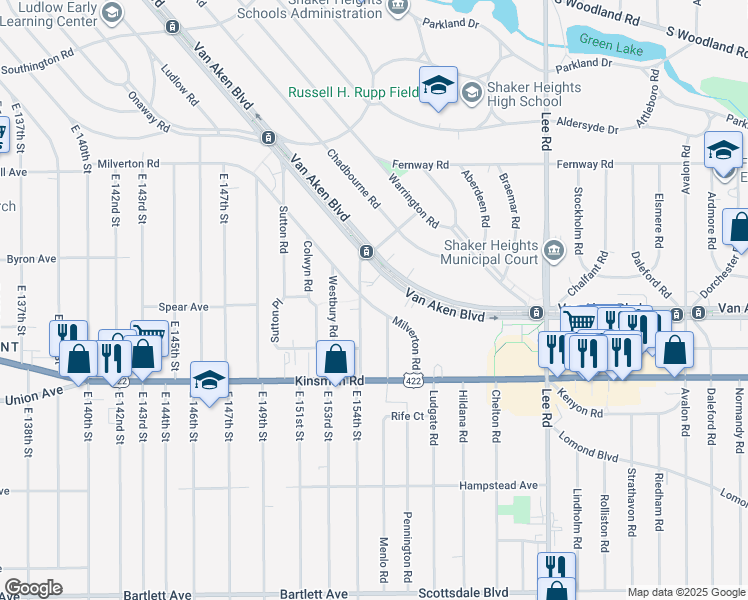 map of restaurants, bars, coffee shops, grocery stores, and more near 3374 Ashby Road in Shaker Heights